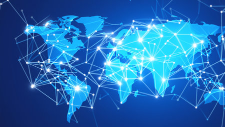 Map of the planet. World map. Global social network. Future. Blue futuristic background with planet Earth. Internet and technology. Floating blue plexus geometric backgroundの素材