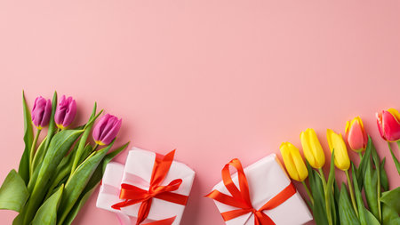 Mothers Day decorations concept. Top view photo of trendy gift boxes with ribbon bows and tulips on isolated pastel pink background with copyspaceの素材