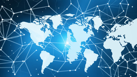 Map of the planet. World map. Global social network. Future. Blue futuristic background with planet Earth. Internet and technology. Floating blue plexus geometric backgroundの素材