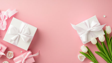Mothers Day decorations concept. Top view photo of trendy gift boxes with ribbon bows and tulips on isolated pastel pink background with copyspaceの素材