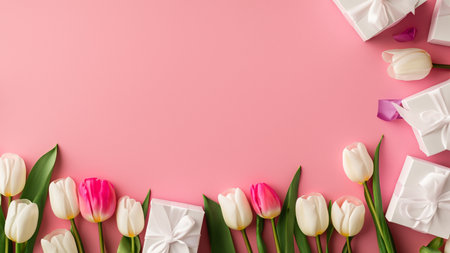 Mothers Day decorations concept. Top view photo of trendy gift boxes with ribbon bows and tulips on isolated pastel pink background with copyspaceの素材