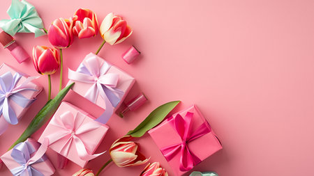 Mothers Day decorations concept. Top view photo of trendy gift boxes with ribbon bows and tulips on isolated pastel pink background with copyspaceの素材
