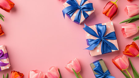 Mothers Day decorations concept. Top view photo of trendy gift boxes with ribbon bows and tulips on isolated pastel pink background with copyspaceの素材
