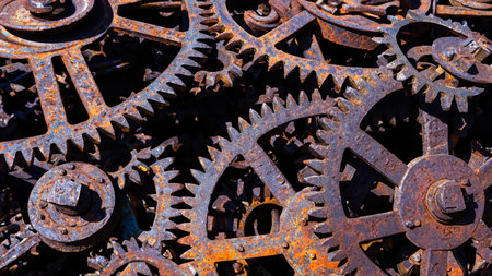 many old rusty metal gears or machine partsの素材