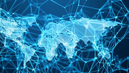 Map of the planet. World map. Global social network. Future. Blue futuristic background with planet Earth. Internet and technology. Floating blue plexus geometric backgroundの素材