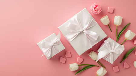Mothers Day decorations concept. Top view photo of trendy gift boxes with ribbon bows and tulips on isolated pastel pink background with copyspaceの素材