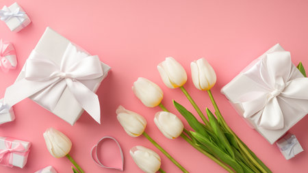Mothers Day decorations concept. Top view photo of trendy gift boxes with ribbon bows and tulips on isolated pastel pink background with copyspaceの素材