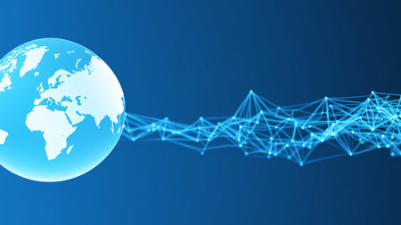 Map of the planet. World map. Global social network. Future. Blue futuristic background with planet Earth. Internet and technology. Floating blue plexus geometric backgroundの素材