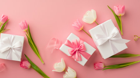 Mothers Day decorations concept. Top view photo of trendy gift boxes with ribbon bows and tulips on isolated pastel pink background with copyspaceの素材