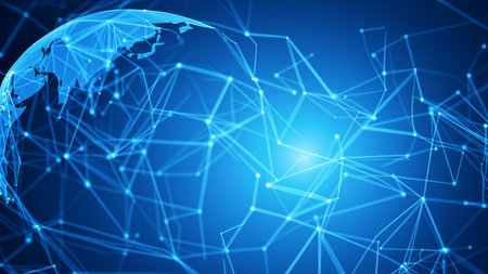 Map of the planet. World map. Global social network. Future. Blue futuristic background with planet Earth. Internet and technology. Floating blue plexus geometric backgroundの素材