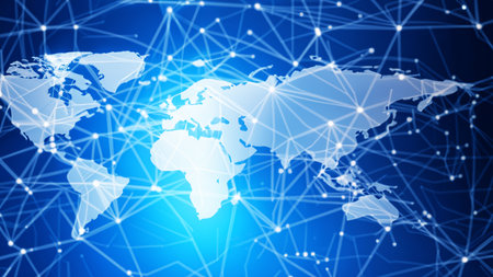 Map of the planet. World map. Global social network. Future. Blue futuristic background with planet Earth. Internet and technology. Floating blue plexus geometric backgroundの素材