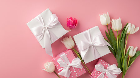 Mothers Day decorations concept. Top view photo of trendy gift boxes with ribbon bows and tulips on isolated pastel pink background with copyspaceの素材