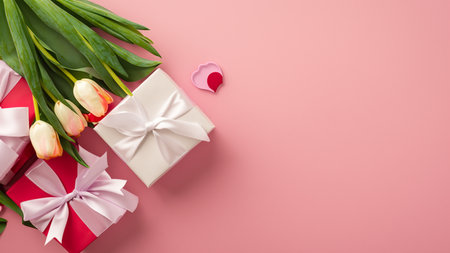 Mothers Day decorations concept. Top view photo of trendy gift boxes with ribbon bows and tulips on isolated pastel pink background with copyspaceの素材