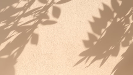 Minimalistic abstract gentle light background for product presentation with light and intricate shadow from tree branches on wallの素材