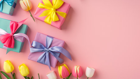 Mothers Day decorations concept. Top view photo of trendy gift boxes with ribbon bows and tulips on isolated pastel pink background with copyspaceの素材