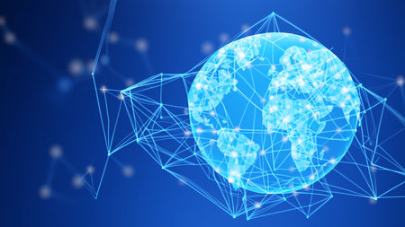 Map of the planet. World map. Global social network. Future. Blue futuristic background with planet Earth. Internet and technology. Floating blue plexus geometric backgroundの素材