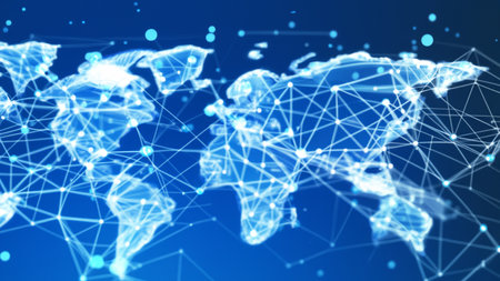 Map of the planet. World map. Global social network. Future. Blue futuristic background with planet Earth. Internet and technology. Floating blue plexus geometric backgroundの素材