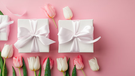 Mothers Day decorations concept. Top view photo of trendy gift boxes with ribbon bows and tulips on isolated pastel pink background with copyspaceの素材