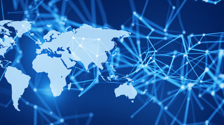 Map of the planet. World map. Global social network. Future. Blue futuristic background with planet Earth. Internet and technology. Floating blue plexus geometric backgroundの素材