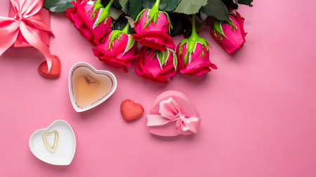 Top view of Valentines Day gift with wine and pink rose bouquet on pink background design conceptの素材