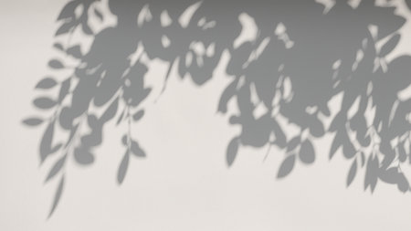 Minimalistic abstract gentle light background for product presentation with light and intricate shadow from tree branches on wallの素材