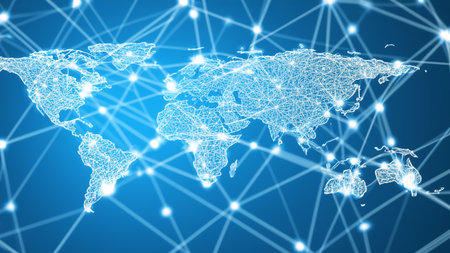 Map of the planet. World map. Global social network. Future. Blue futuristic background with planet Earth. Internet and technology. Floating blue plexus geometric backgroundの素材