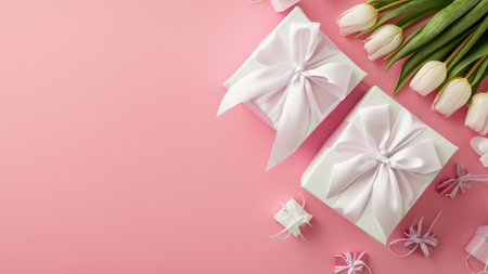Mothers Day decorations concept. Top view photo of trendy gift boxes with ribbon bows and tulips on isolated pastel pink background with copyspaceの素材
