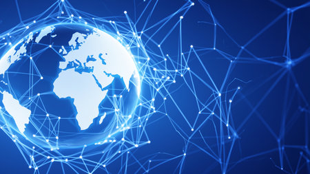 Map of the planet. World map. Global social network. Future. Blue futuristic background with planet Earth. Internet and technology. Floating blue plexus geometric backgroundの素材