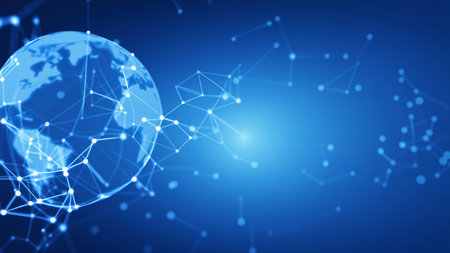 Map of the planet. World map. Global social network. Future. Blue futuristic background with planet Earth. Internet and technology. Floating blue plexus geometric backgroundの素材