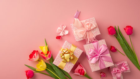 Mothers Day decorations concept. Top view photo of trendy gift boxes with ribbon bows and tulips on isolated pastel pink background with copyspaceの素材