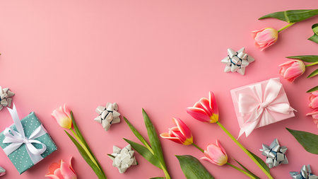 Mothers Day decorations concept. Top view photo of trendy gift boxes with ribbon bows and tulips on isolated pastel pink background with copyspaceの素材