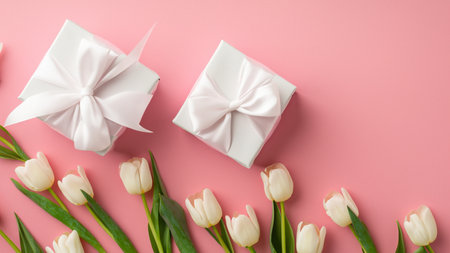 Mothers Day decorations concept. Top view photo of trendy gift boxes with ribbon bows and tulips on isolated pastel pink background with copyspaceの素材