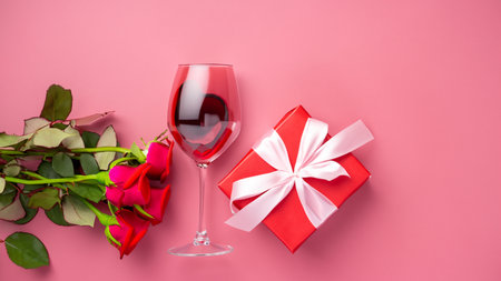 Top view of Valentines Day gift with wine and pink rose bouquet on pink background design conceptの素材