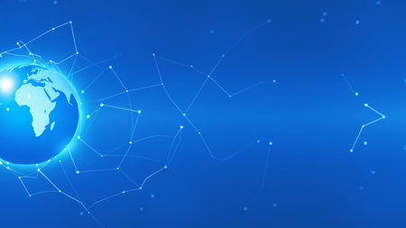 Map of the planet. World map. Global social network. Future. Blue futuristic background with planet Earth. Internet and technology. Floating blue plexus geometric backgroundの素材