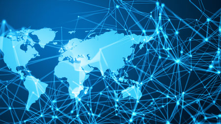 Map of the planet. World map. Global social network. Future. Blue futuristic background with planet Earth. Internet and technology. Floating blue plexus geometric backgroundの素材