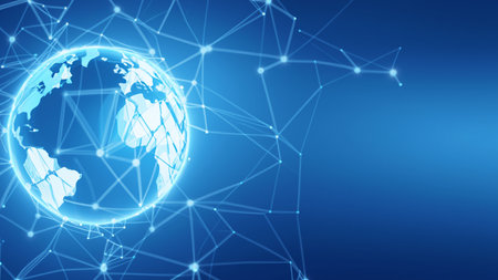 Map of the planet. World map. Global social network. Future. Blue futuristic background with planet Earth. Internet and technology. Floating blue plexus geometric backgroundの素材