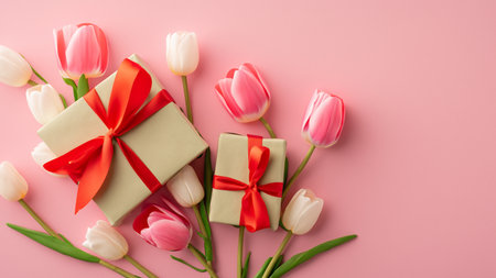 Mothers Day decorations concept. Top view photo of trendy gift boxes with ribbon bows and tulips on isolated pastel pink background with copyspaceの素材