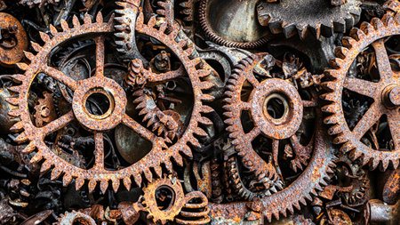 many old rusty metal gears or machine partsの素材