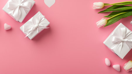 Mothers Day decorations concept. Top view photo of trendy gift boxes with ribbon bows and tulips on isolated pastel pink background with copyspaceの素材