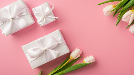 Mothers Day decorations concept. Top view photo of trendy gift boxes with ribbon bows and tulips on isolated pastel pink background with copyspaceの素材