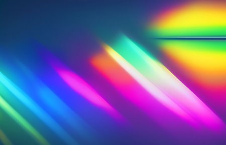 Rainbow light prism effect, Hologram reflection, crystal flare leak shadow overlay, Abstract blurred iridescent light backdropの素材