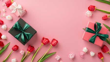 Mothers Day decorations concept. Top view photo of trendy gift boxes with ribbon bows and tulips on isolated pastel pink background with copyspaceの素材