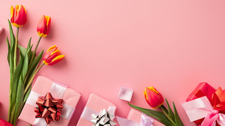 Mothers Day decorations concept. Top view photo of trendy gift boxes with ribbon bows and tulips on isolated pastel pink background with copyspaceの素材