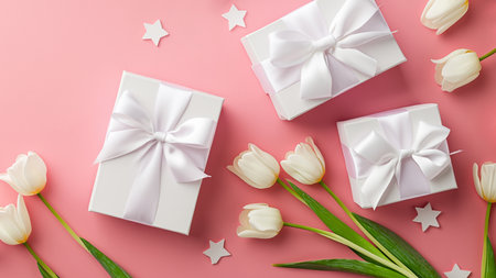 Mothers Day decorations concept. Top view photo of trendy gift boxes with ribbon bows and tulips on isolated pastel pink background with copyspaceの素材