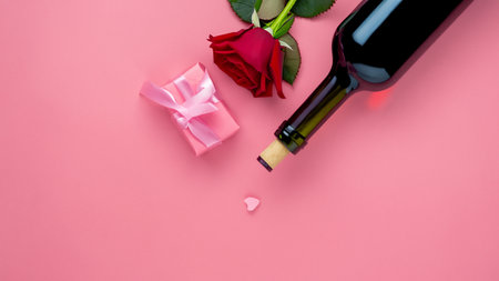 Top view of Valentines Day gift with wine and pink rose bouquet on pink background design conceptの素材