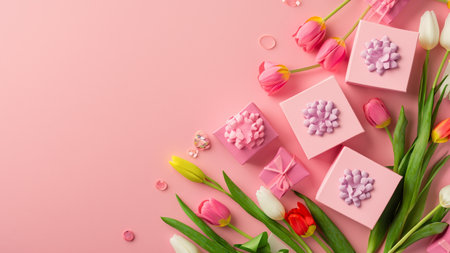 Mothers Day decorations concept. Top view photo of trendy gift boxes with ribbon bows and tulips on isolated pastel pink background with copyspaceの素材