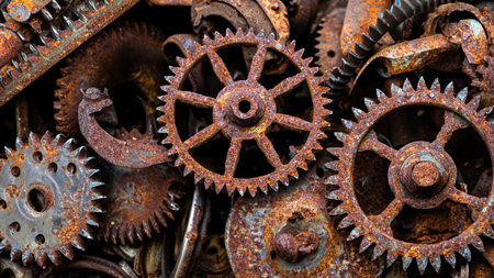 many old rusty metal gears or machine partsの素材