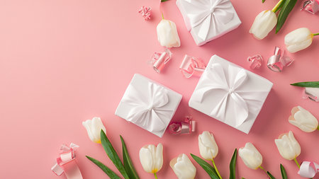 Mothers Day decorations concept. Top view photo of trendy gift boxes with ribbon bows and tulips on isolated pastel pink background with copyspaceの素材