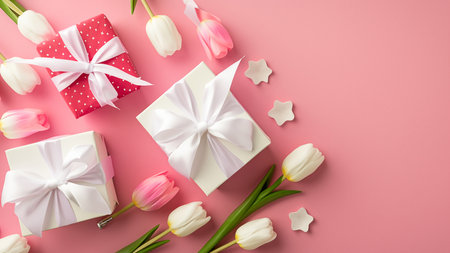Mothers Day decorations concept. Top view photo of trendy gift boxes with ribbon bows and tulips on isolated pastel pink background with copyspaceの素材