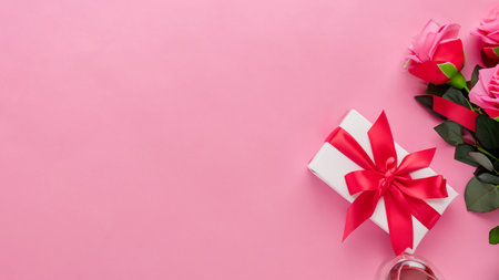 Top view of Valentines Day gift with wine and pink rose bouquet on pink background design conceptの素材